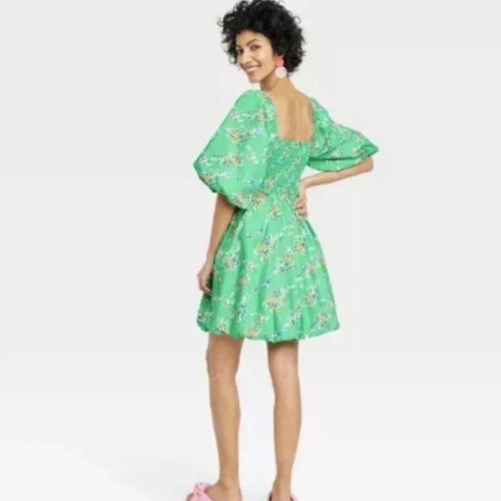 A New Day Puff Short Sleeve Cut Out Bubble A-Line Dress Green Floral SZ M - Picture 2 of 5